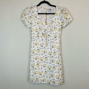 Princess Polly | White and Yellow Floral Puff Sleeve Mini Dress Size 2